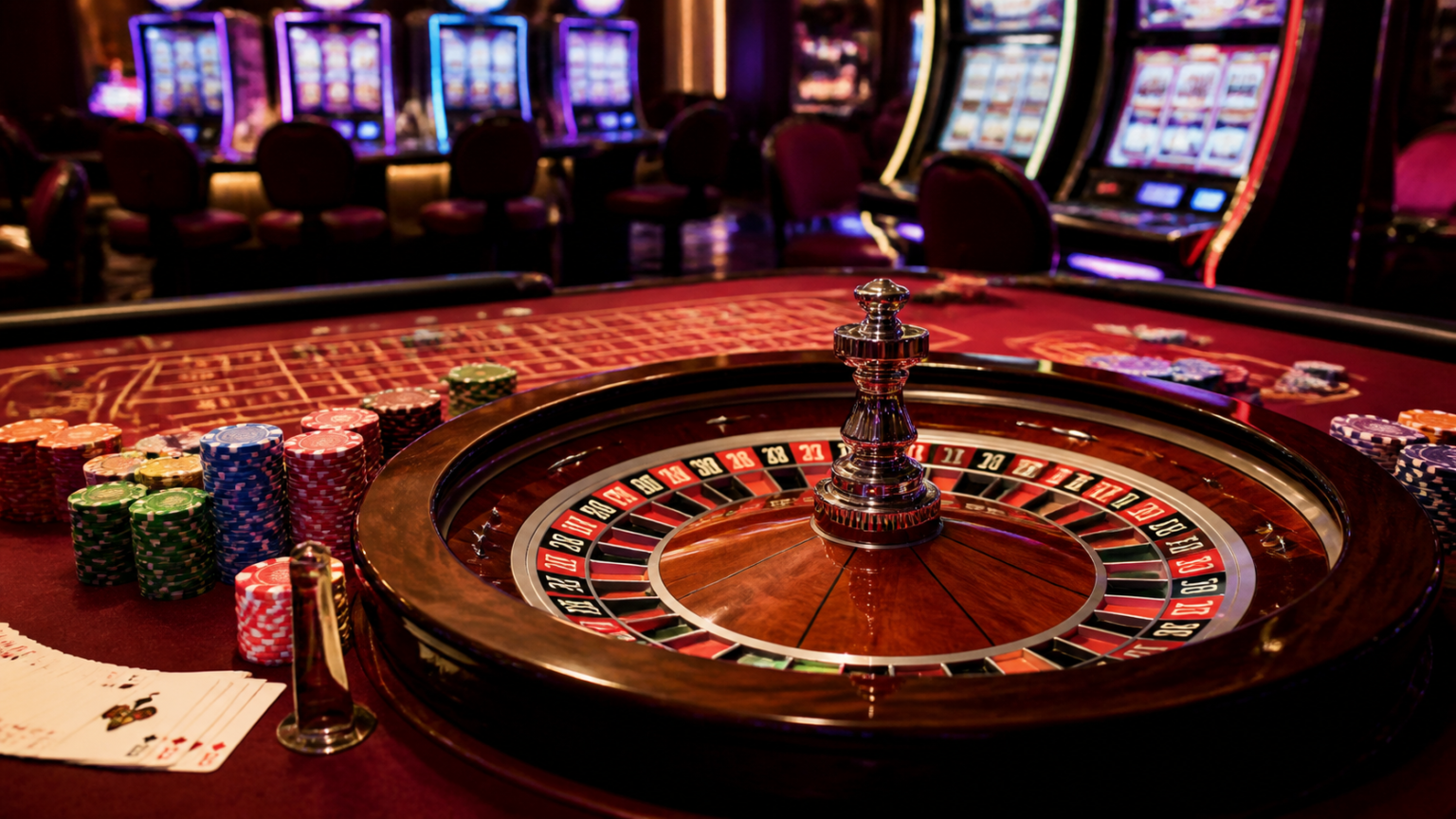 Casino gaming setup with cards, slots, and roulette wheel
