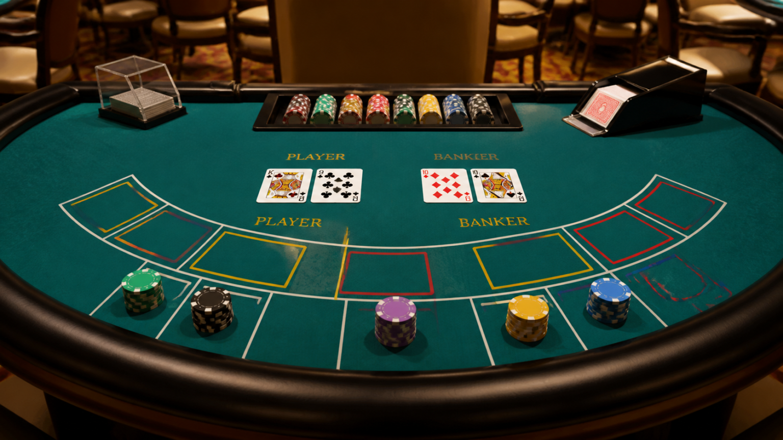 baccarat trực tuyến uy tín: Cách đánh giá nền tảng an toàn Bàn baccarat trong casino với bài và phỉnh đặt trên mặt bàn