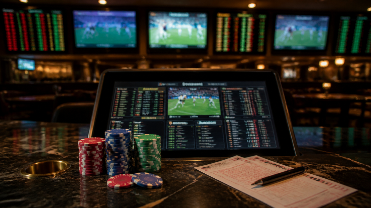 Sports betting screen with odds and betting slips