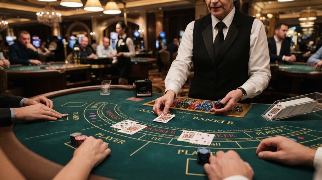 Bàn chơi baccarat trực tuyến với các lá bài và chíp đặt cược trên mặt bàn nỉ xanh.