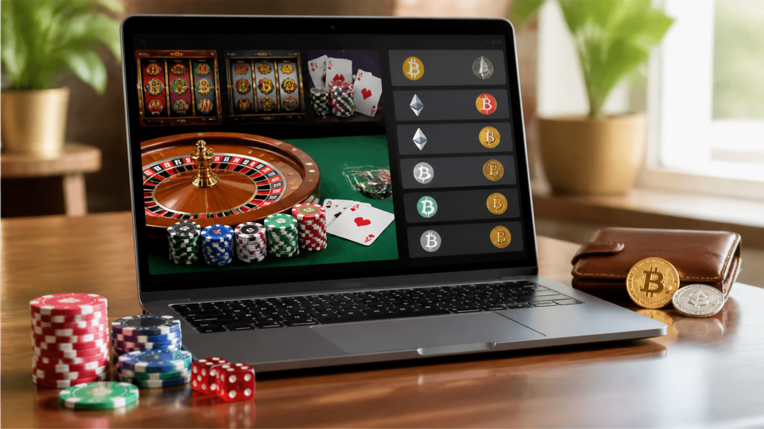 仮想通貨カジノの始め方と利用前に確認したいポイント Laptop showing a crypto casino online interface with poker chips