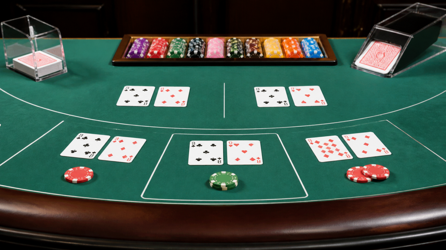 đánh baccarat trực tuyến: Cách chơi có hiểu biết Bàn baccarat với các lá bài, phỉnh và khu vực đặt cược