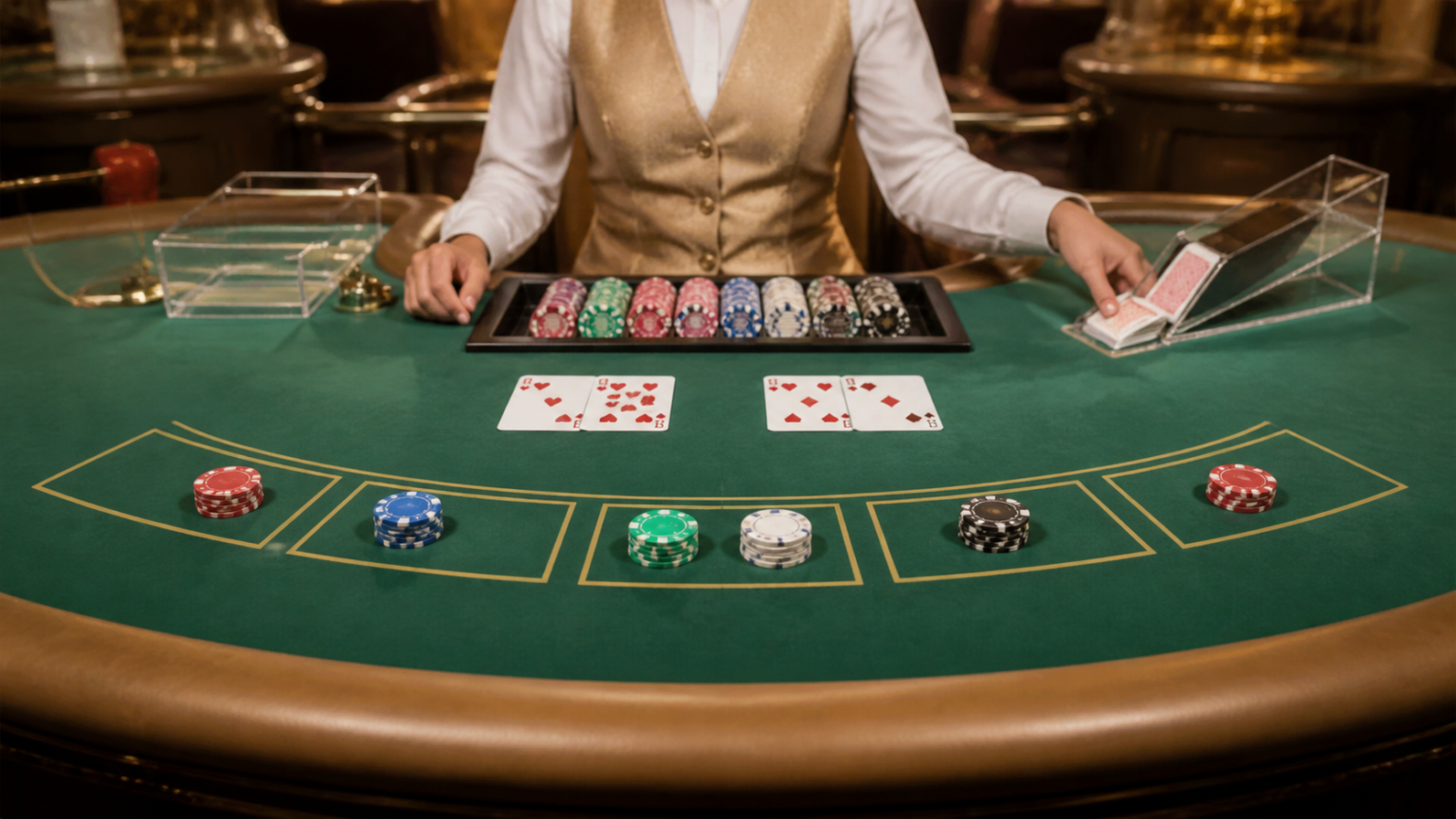Đánh baccarat trực tuyến: cách chơi tỉnh táo và có trách nhiệm Bàn baccarat với bài và phỉnh trong không gian casino