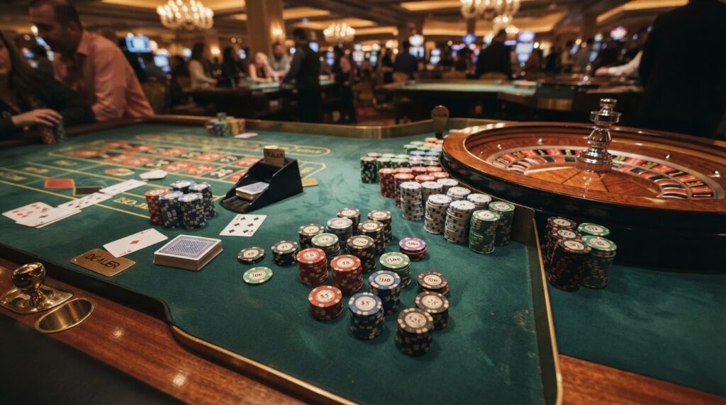 Singapore Online Casino Games and Entertainment Options โต๊ะเกมคาสิโนพร้อมชิปและไพ่แสดงถึงความบันเทิงในเว็บพนันออนไลน์