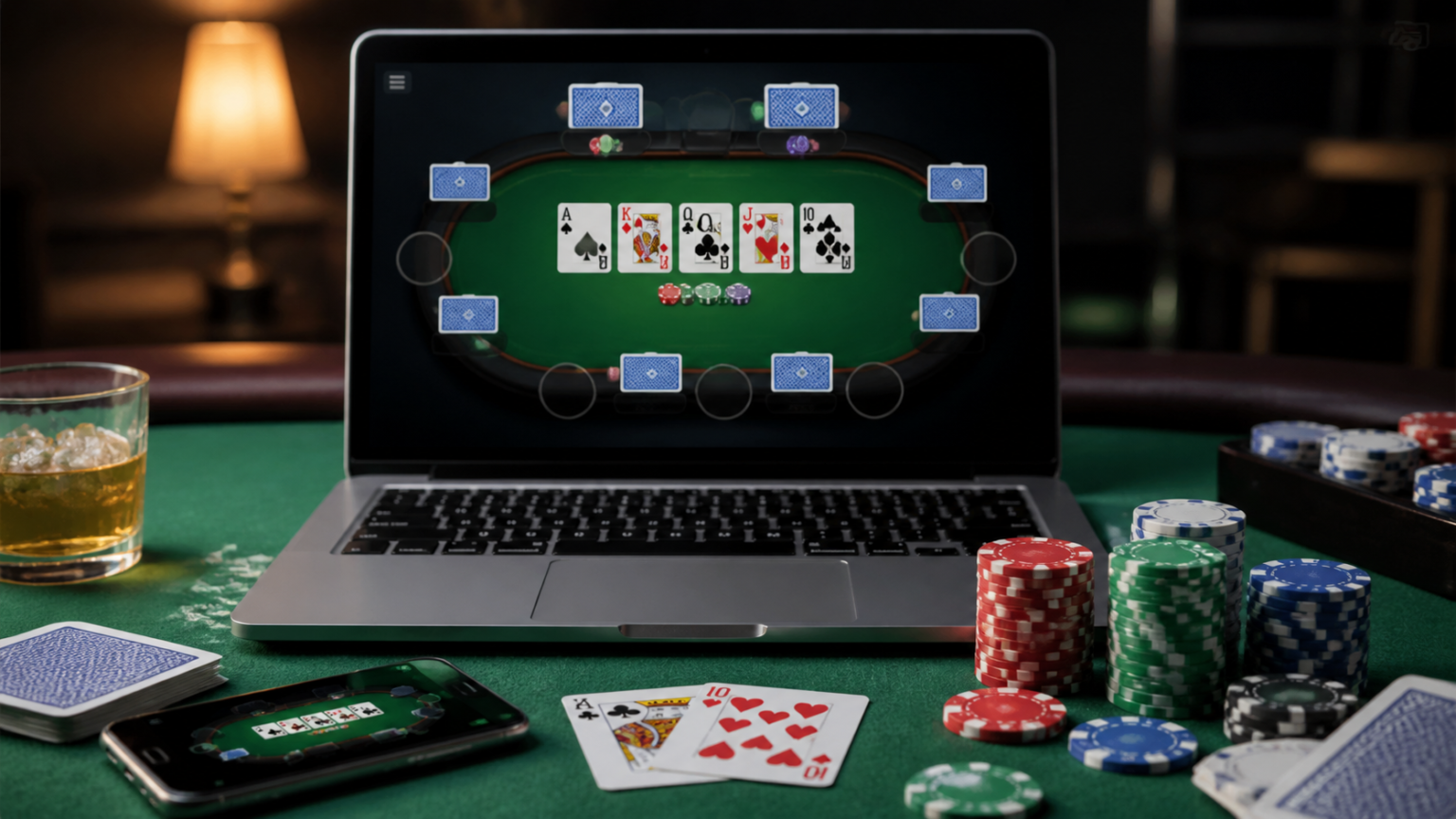 How to เล่นโป๊กเกอร์ออนไลน์ with Better Table Decisions Poker table with chips and a device showing online poker