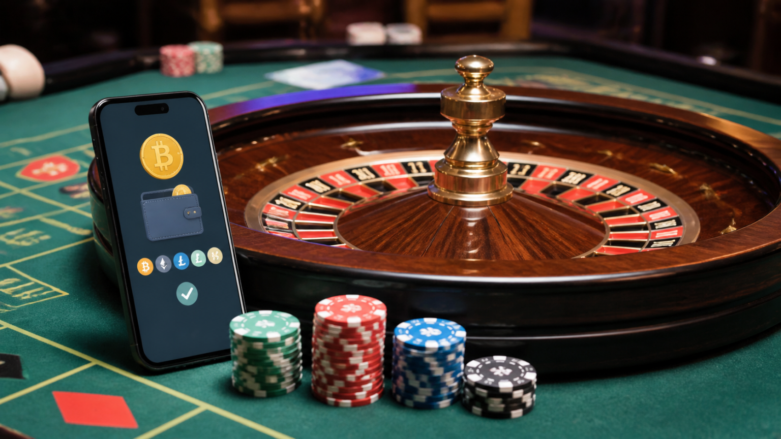 Roulette table beside a phone showing a cryptocurrency casino payment screen