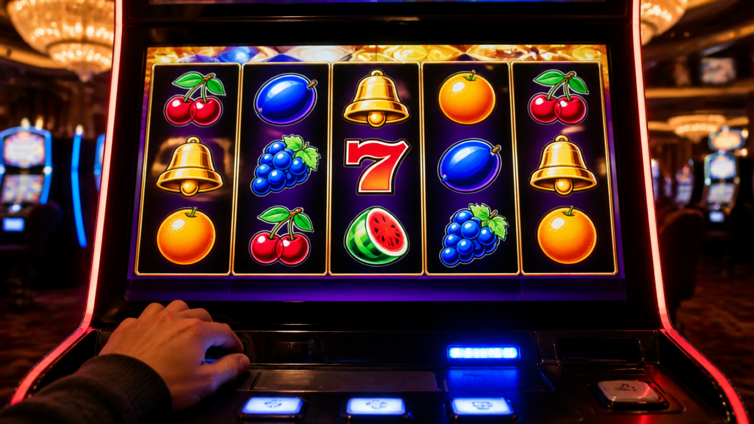 Online slot game screen with colorful reels in a casino setting