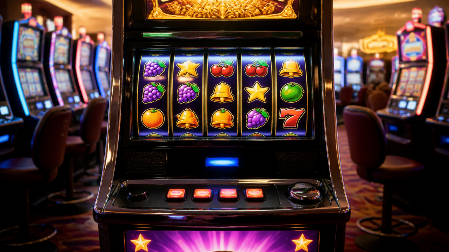 Máy trò chơi quay thưởng với các biểu tượng màu sắc trong không gian casino