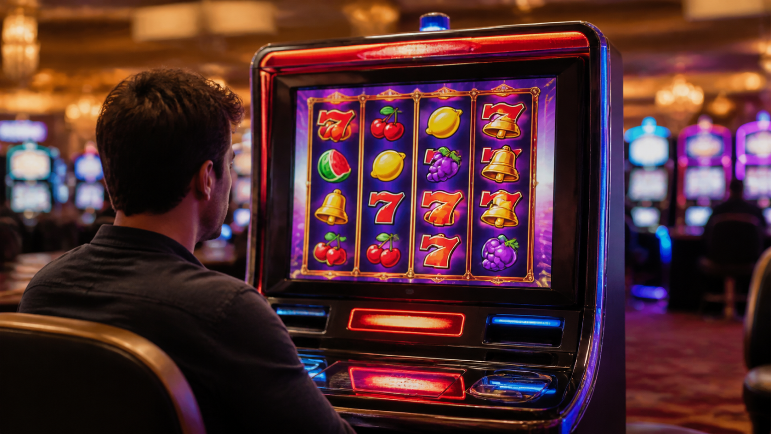 Máy trò chơi nổ hũ với các cuộn biểu tượng nhiều màu trong không gian casino