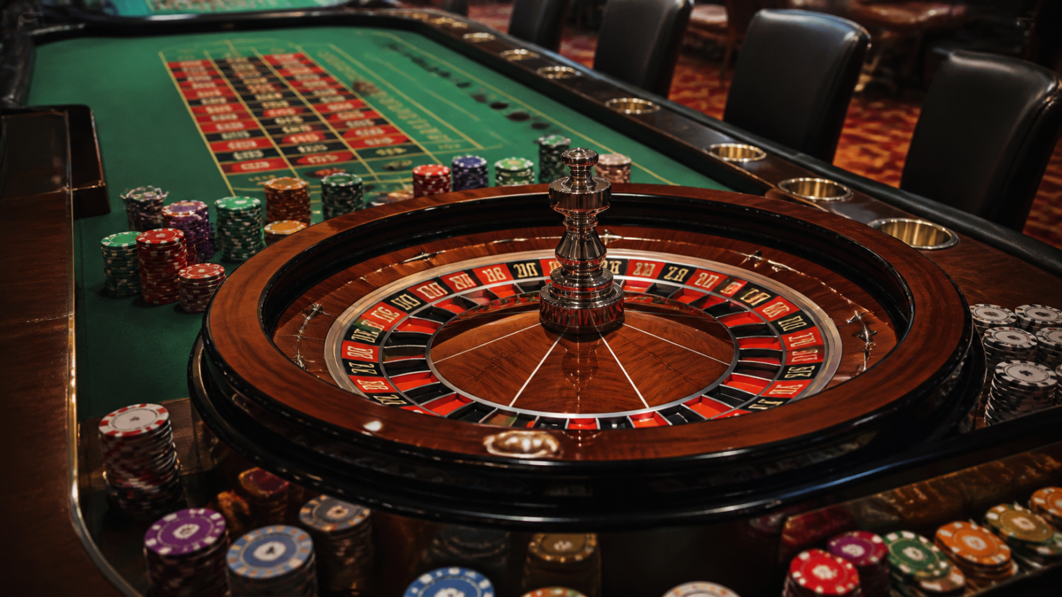 Casino table with cards, chips, and roulette wheel for online betting Singapore