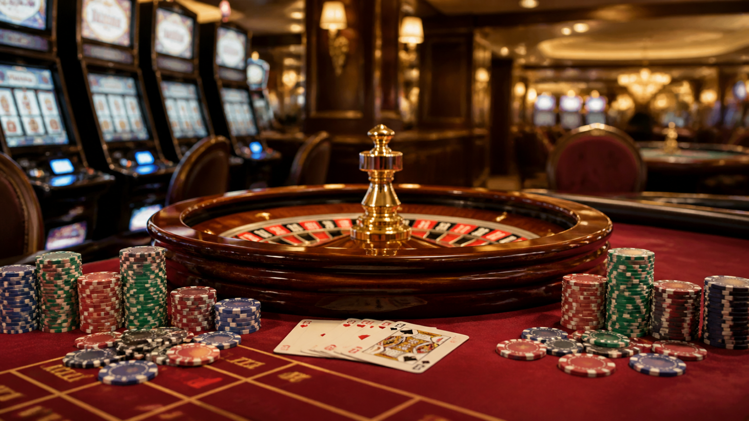 Casino gaming setup with roulette wheel and cards