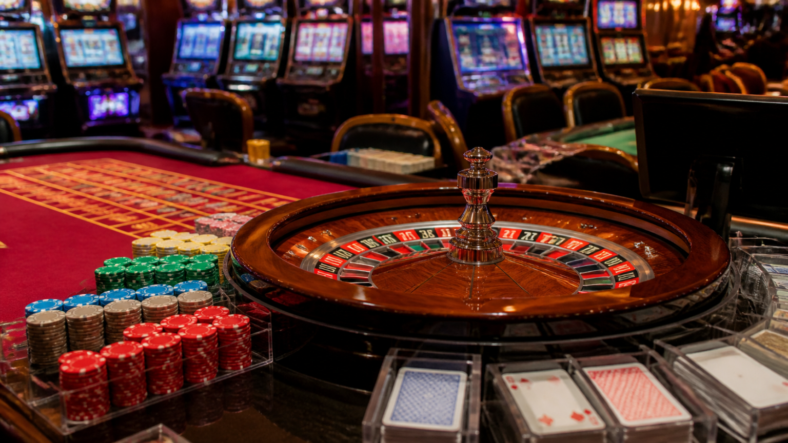 Understanding the appeal of online casino play in Singapore: online casino Singapore Casino gaming setup with roulette wheel, cards, and slot machines