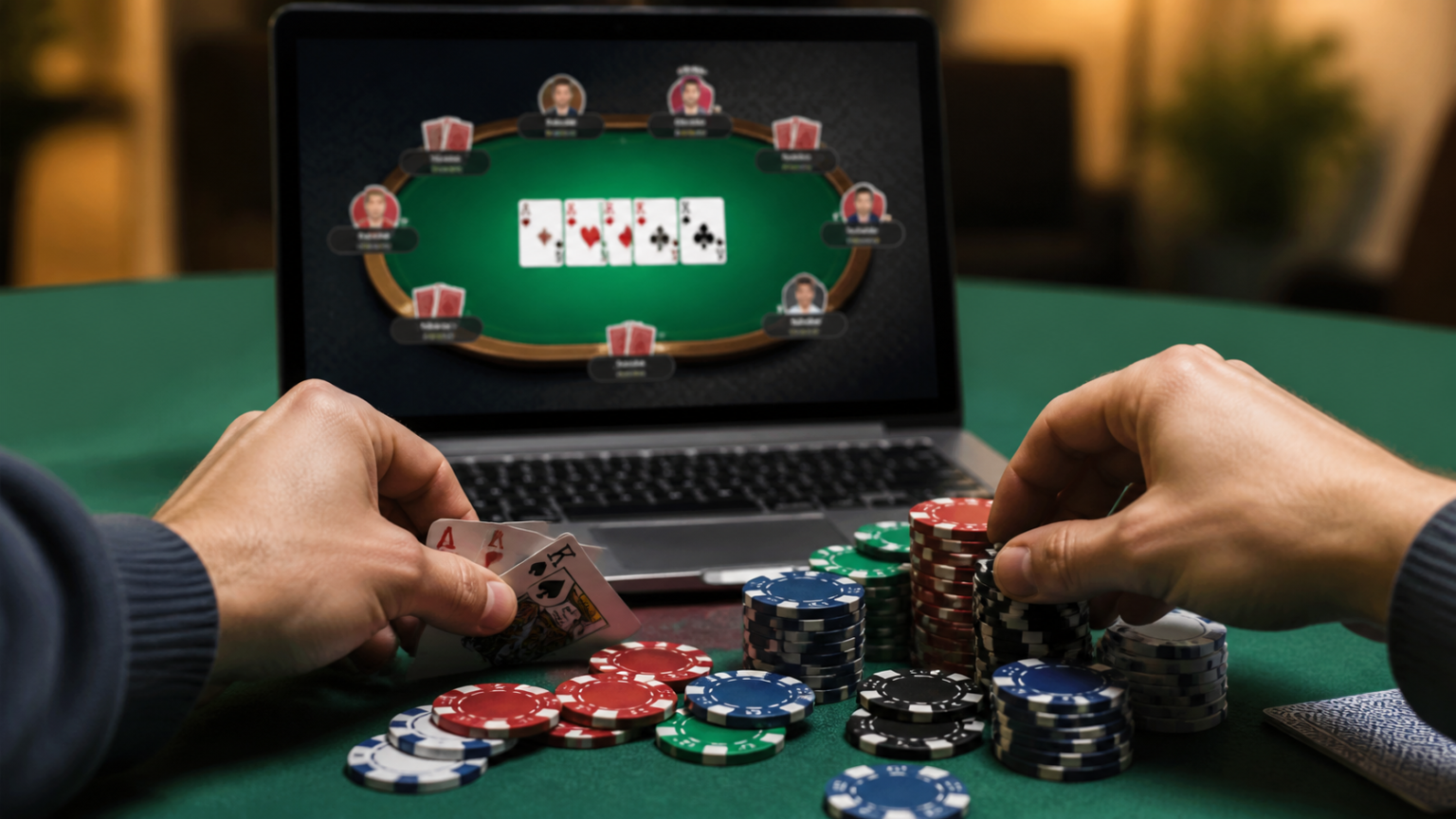 Poker table with cards and chips for an online poker game