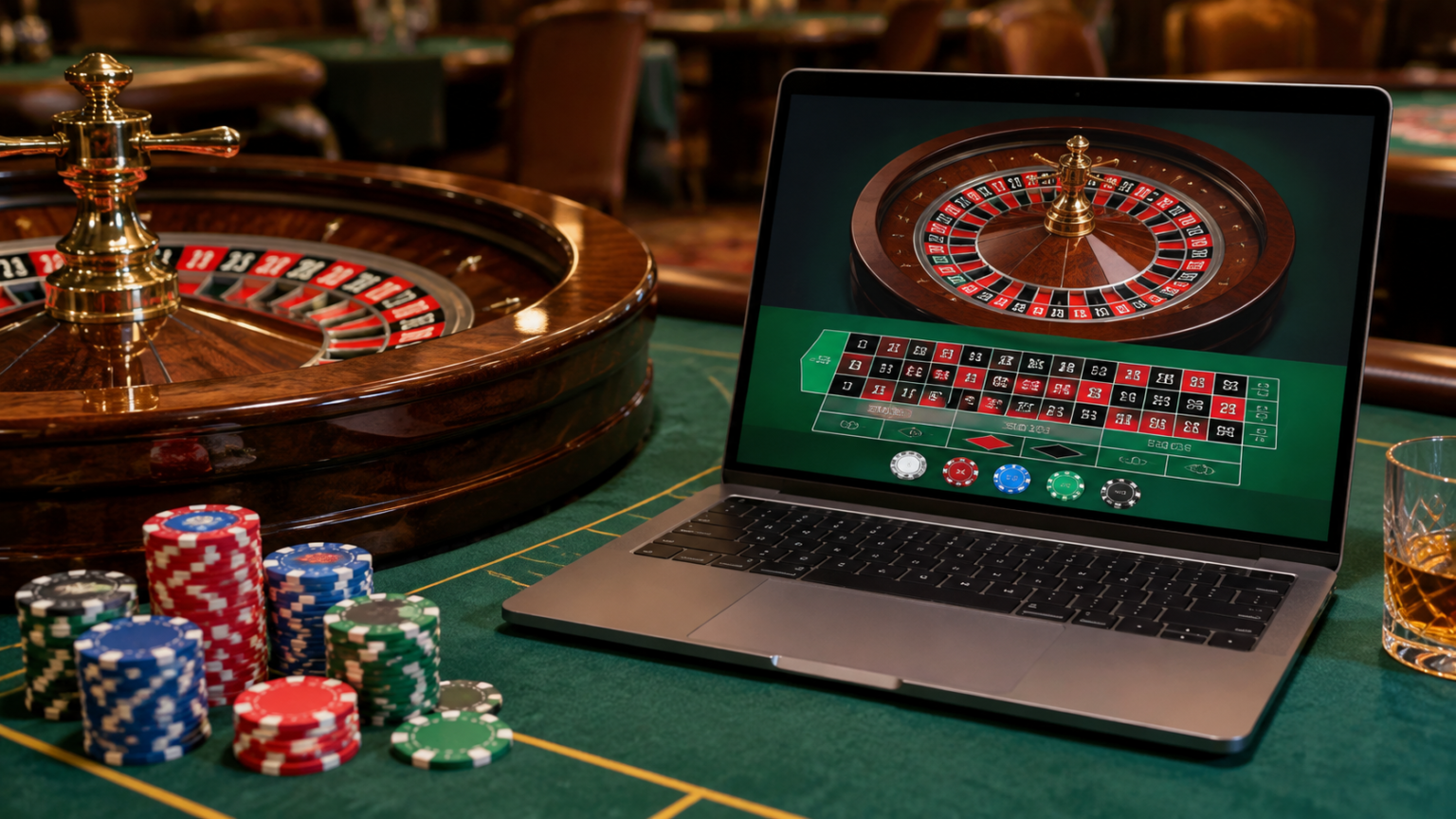 1. Separate Useful Information from Promotional Claims: Singapore online casino Laptop showing an online casino roulette game beside a roulette wheel and chips on green felt