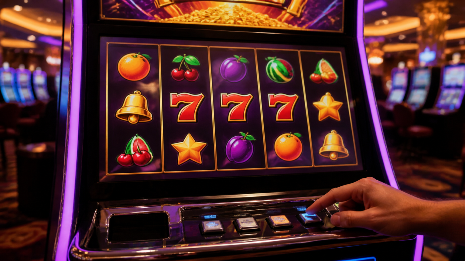 Situs Slot Gacor 2026 Mudah Max Win: Panduan Bermain Bijak Mesin slot casino dengan gulungan berwarna dan tombol permainan