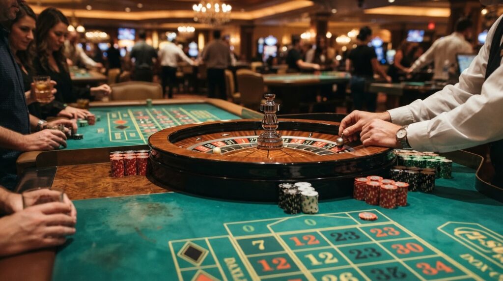 Exploring the Features of a Singapore Online Casino โต๊ะรูเล็ตในคาสิโนพร้อมชิปสำหรับการเดิมพัน
