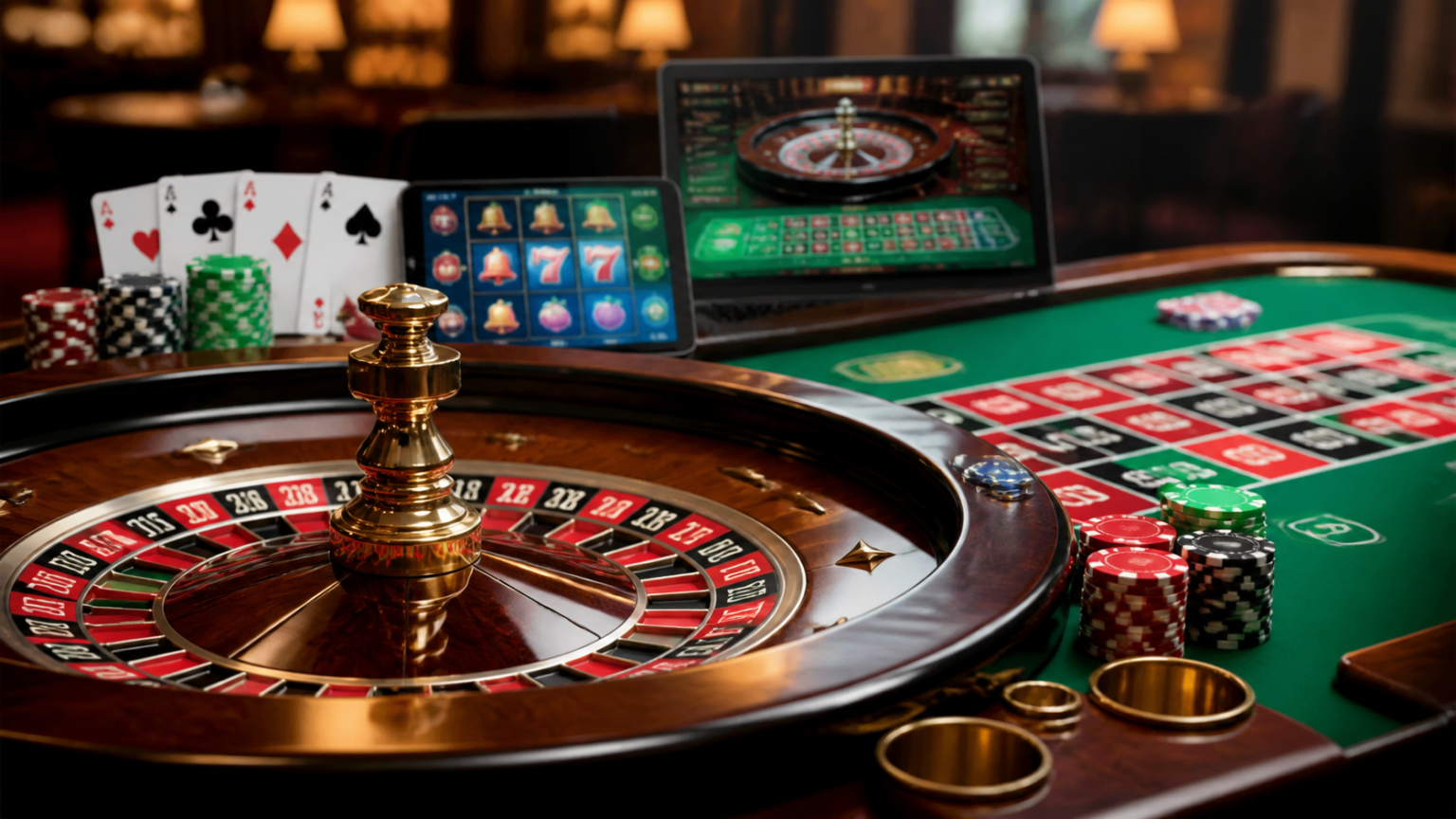 Online casino gaming setup with slots, cards, and roulette