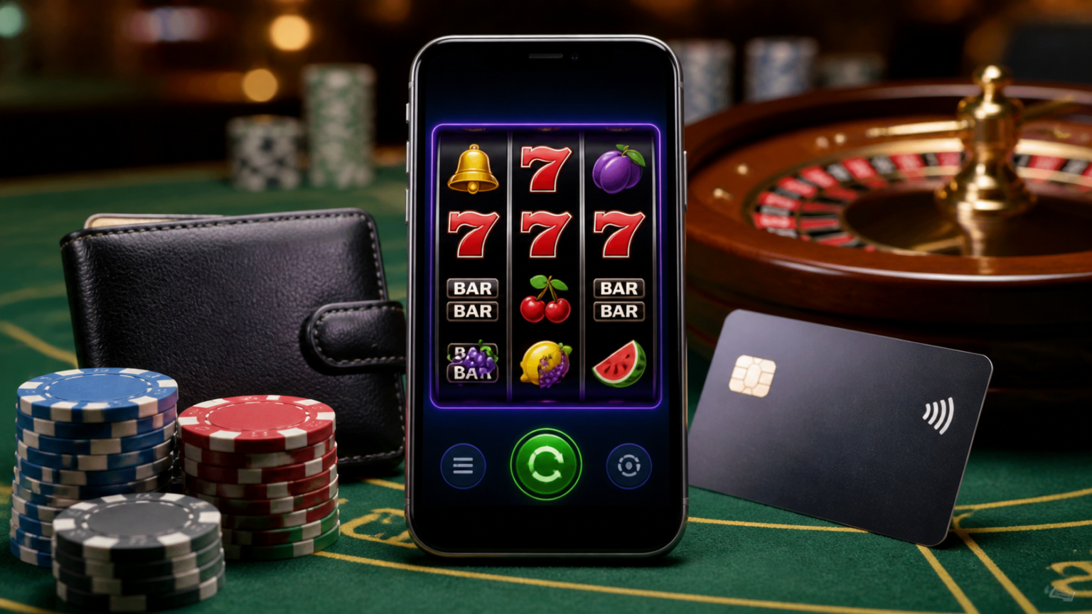 Online casino gaming screen with slots and a digital wallet theme