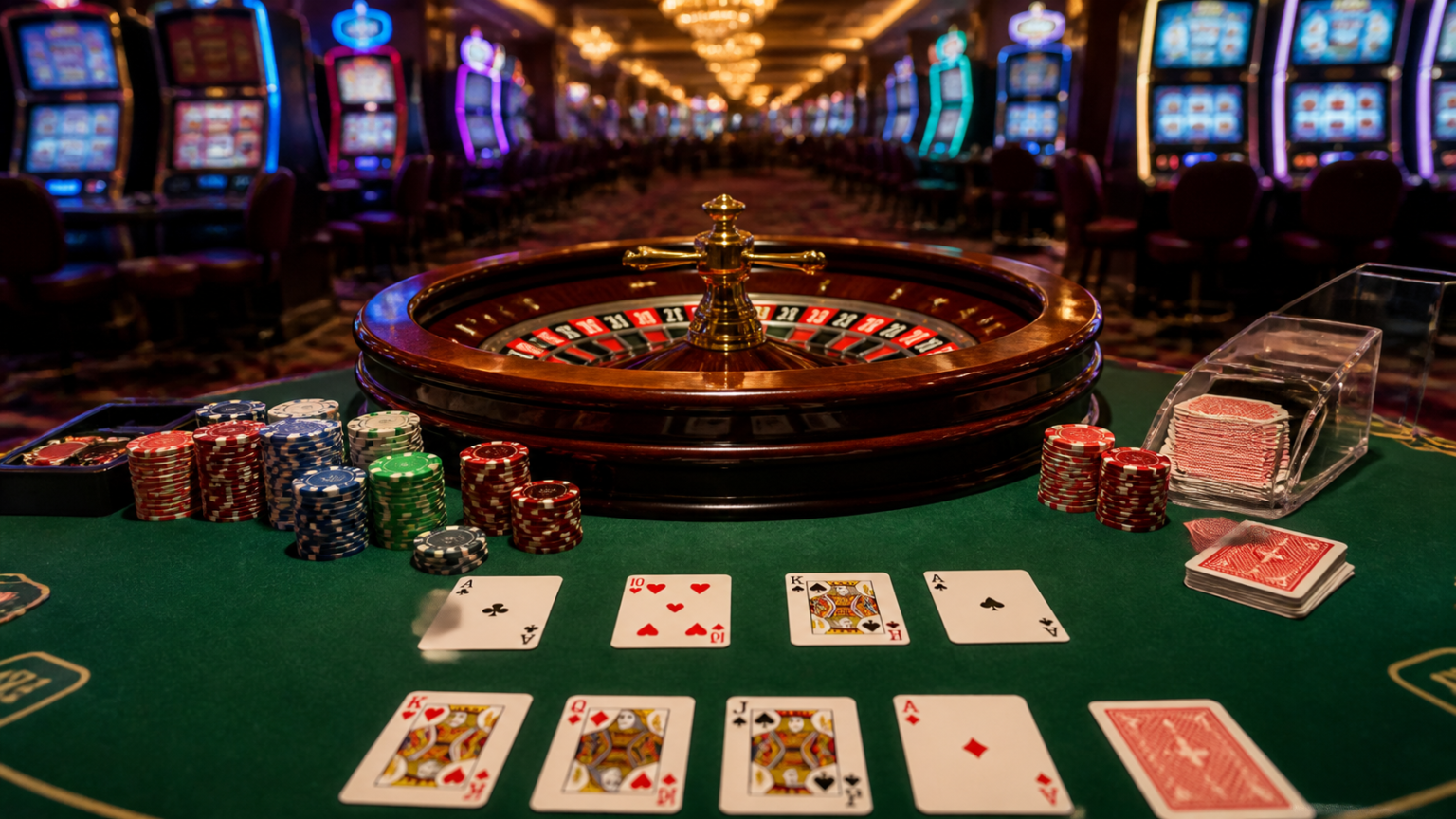 Scopri i Siti Scommesse Nuovi con Casinò Online e Giochi per Tutti i Gusti Casino gaming setup with cards, roulette wheel, and slot machines